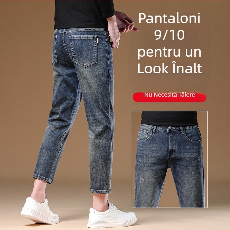 Pantaloni negri de bărbați, denim, croială dreaptă, 9/10 lungime, toamnă-iarnă