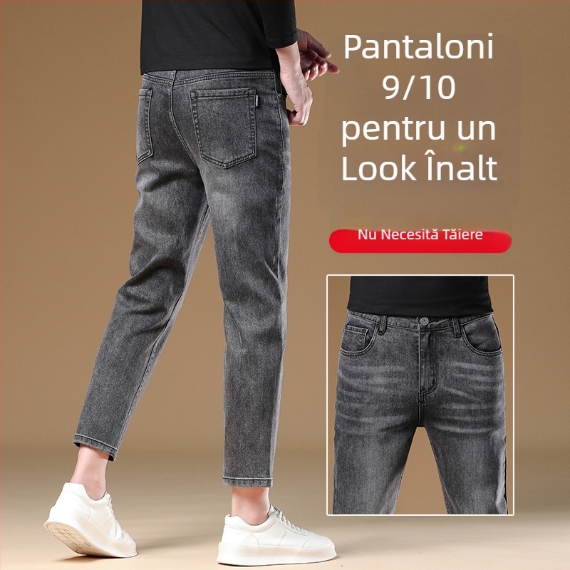 Pantaloni negri de bărbați, denim, croială dreaptă, 9/10 lungime, toamnă-iarnă