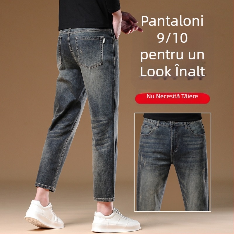 Pantaloni negri de bărbați, denim, croială dreaptă, 9/10 lungime, toamnă-iarnă