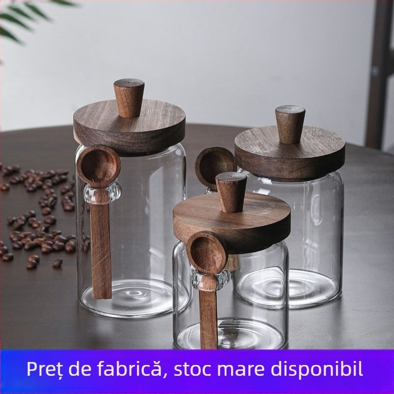 Recipient din sticlă, cu capac din lemn de acacie și lingură, pentru cafea boabe, cereale, ceai și nuci