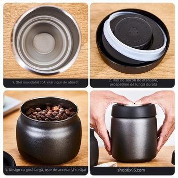 Recipient de cafea sigilat prin vid, 800–1000 ml, oțel inoxidabil 304, protecție la lumină