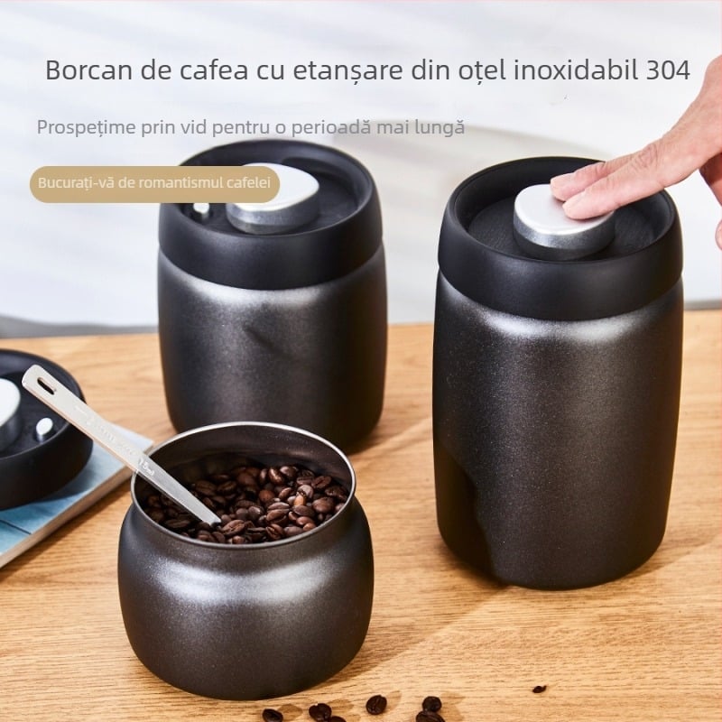 Recipient de cafea sigilat prin vid, 800–1000 ml, oțel inoxidabil 304, protecție la lumină