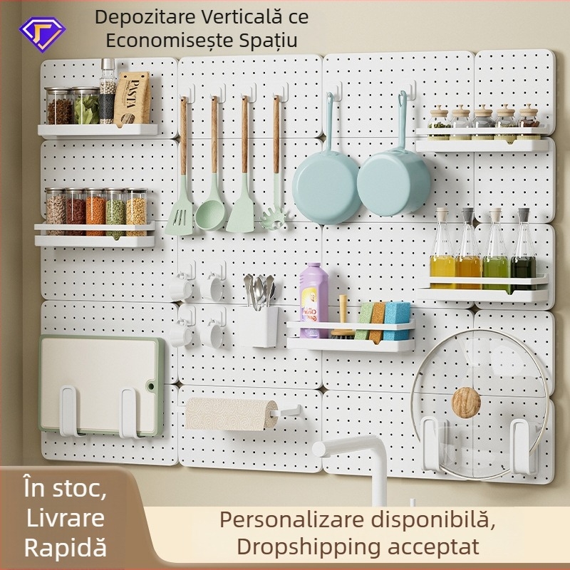 Pegboard perforat, montaj fără găuri, pentru casă, cămin, baie și bucătărie; raft de perete pentru depozitare