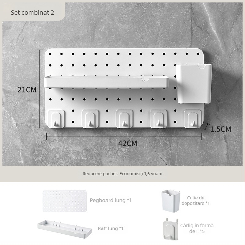 Pegboard perforat, montaj fără găuri, pentru casă, cămin, baie și bucătărie; raft de perete pentru depozitare