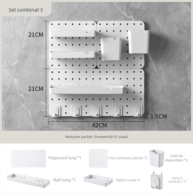 Pegboard perforat, montaj fără găuri, pentru casă, cămin, baie și bucătărie; raft de perete pentru depozitare
