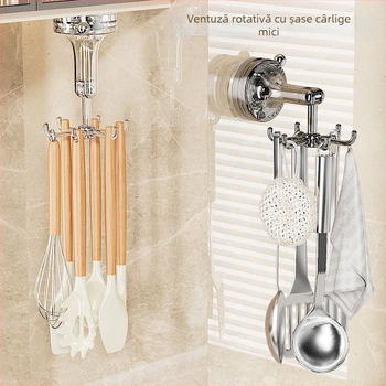 Suport de bucătărie cu ventuză, design rotativ cu șase brațe — fără găuri, raft multifuncțional pentru linguri și spatule
