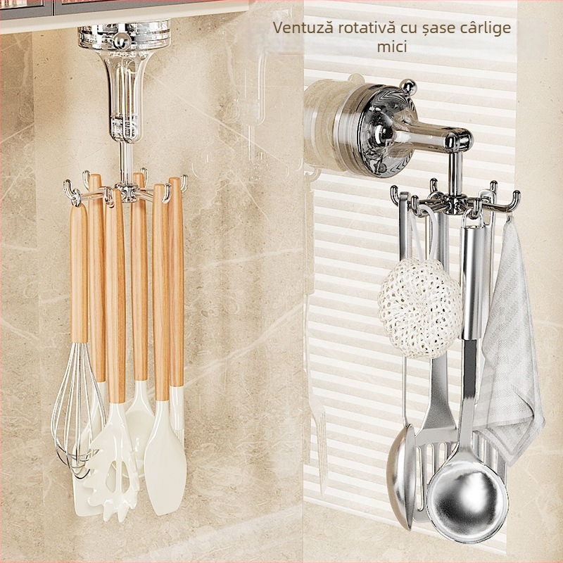 Suport de bucătărie cu ventuză, design rotativ cu șase brațe — fără găuri, raft multifuncțional pentru linguri și spatule