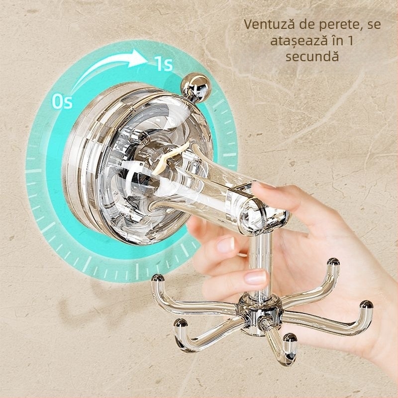 Suport de bucătărie cu ventuză, design rotativ cu șase brațe — fără găuri, raft multifuncțional pentru linguri și spatule
