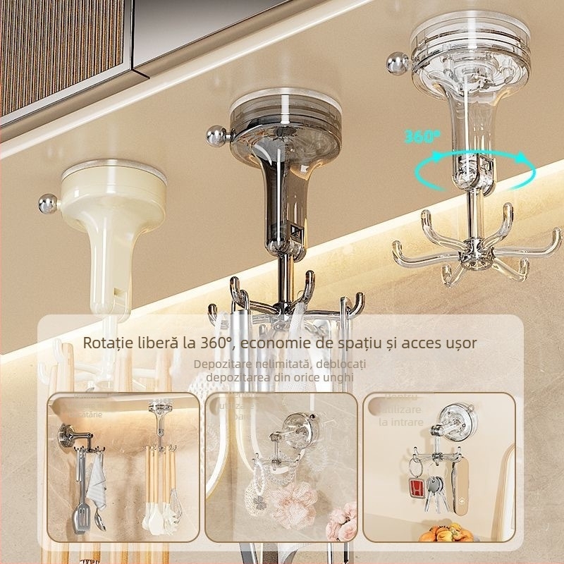 Suport de bucătărie cu ventuză, design rotativ cu șase brațe — fără găuri, raft multifuncțional pentru linguri și spatule