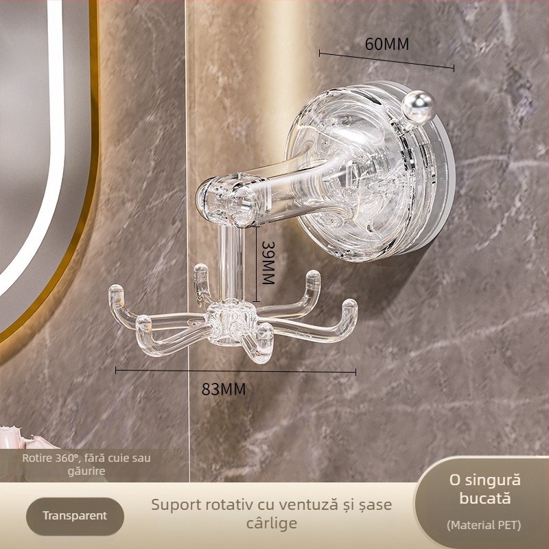 Suport de bucătărie cu ventuză, design rotativ cu șase brațe — fără găuri, raft multifuncțional pentru linguri și spatule