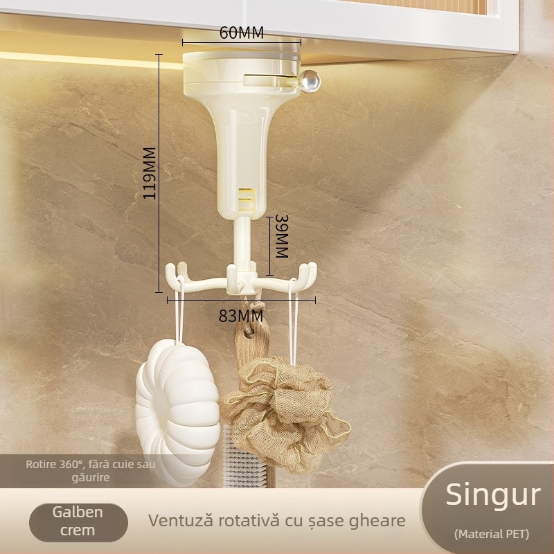 Suport de bucătărie cu ventuză, design rotativ cu șase brațe — fără găuri, raft multifuncțional pentru linguri și spatule