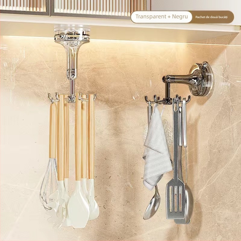Suport de bucătărie cu ventuză, design rotativ cu șase brațe — fără găuri, raft multifuncțional pentru linguri și spatule