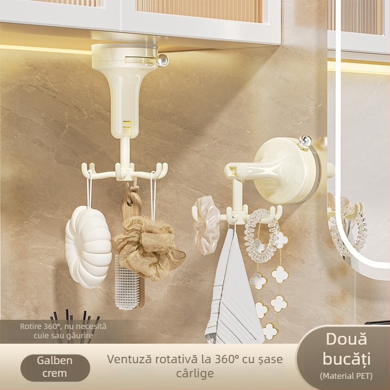 Suport de bucătărie cu ventuză, design rotativ cu șase brațe — fără găuri, raft multifuncțional pentru linguri și spatule