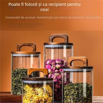 Set de borcănele din sticlă cu mâner din lemn de acacia și capac etanș, borosilicat, 800–1000 ml, pentru cafea, ceai și coajă uscată de mandarină