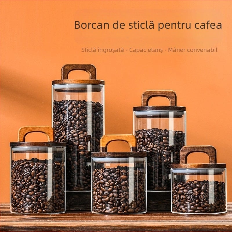 Set de borcănele din sticlă cu mâner din lemn de acacia și capac etanș, borosilicat, 800–1000 ml, pentru cafea, ceai și coajă uscată de mandarină