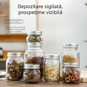 Borcan sticlă transparent pentru depozitare, etanș cu capac înalt, formă rotundă, 301–500 ml, stil Nordic, potrivit pentru miere, gem și sos de ardei.