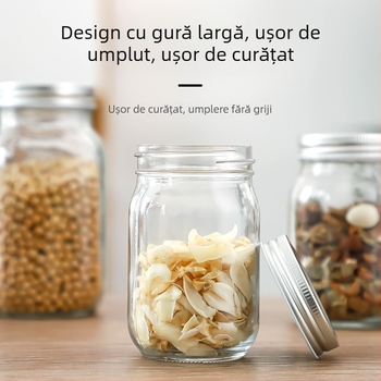 Borcan sticlă transparent pentru depozitare, etanș cu capac înalt, formă rotundă, 301–500 ml, stil Nordic, potrivit pentru miere, gem și sos de ardei.