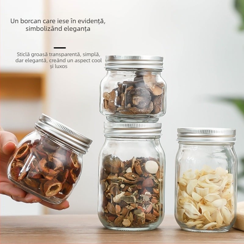 Borcan sticlă transparent pentru depozitare, etanș cu capac înalt, formă rotundă, 301–500 ml, stil Nordic, potrivit pentru miere, gem și sos de ardei.