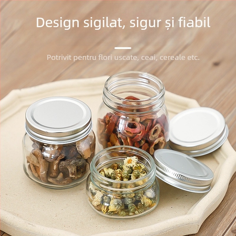 Borcan sticlă transparent pentru depozitare, etanș cu capac înalt, formă rotundă, 301–500 ml, stil Nordic, potrivit pentru miere, gem și sos de ardei.