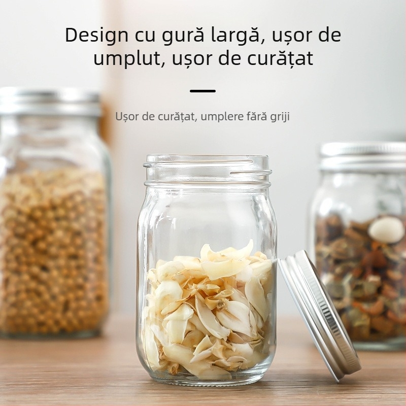 Borcan sticlă transparent pentru depozitare, etanș cu capac înalt, formă rotundă, 301–500 ml, stil Nordic, potrivit pentru miere, gem și sos de ardei.