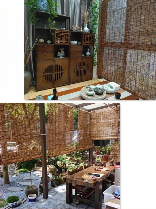 Cortină decorativă din nuiele și paie, cortină de bambus în stil Zen chinezesc, protecție solară în aer liber și separator de spațiu pentru camera de ceai și balcon