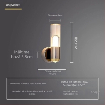 Lampa de perete pentru dormitor, stil nordic, design modern minimalist, senzație de lux, LED, corp din metal, abajur acrilic; veioză mică pentru bar și lampă de noptiere în dormitorul principal.