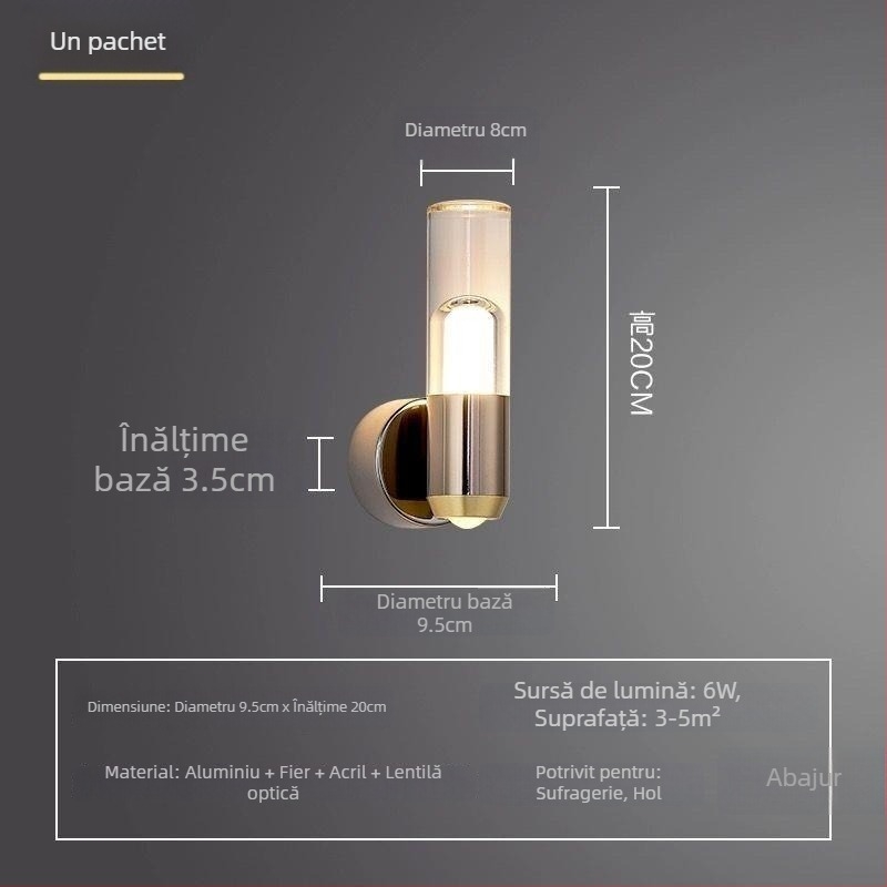 Lampa de perete pentru dormitor, stil nordic, design modern minimalist, senzație de lux, LED, corp din metal, abajur acrilic; veioză mică pentru bar și lampă de noptiere în dormitorul principal.