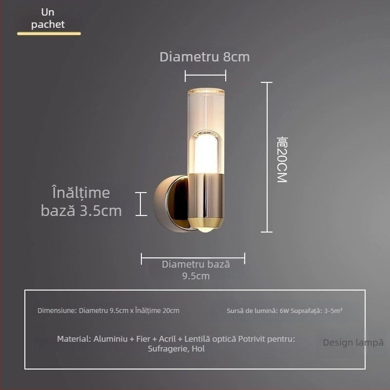 Lampa de perete pentru dormitor, stil nordic, design modern minimalist, senzație de lux, LED, corp din metal, abajur acrilic; veioză mică pentru bar și lampă de noptiere în dormitorul principal.