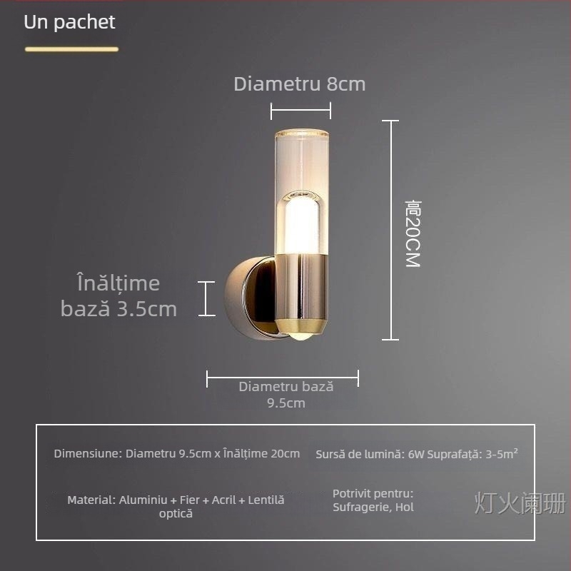 Lampa de perete pentru dormitor, stil nordic, design modern minimalist, senzație de lux, LED, corp din metal, abajur acrilic; veioză mică pentru bar și lampă de noptiere în dormitorul principal.
