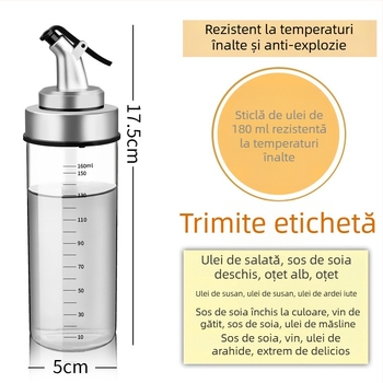Sticlă de ulei rezistentă la căldură, cu etanșare și marcaje de măsurare pentru bucătărie.