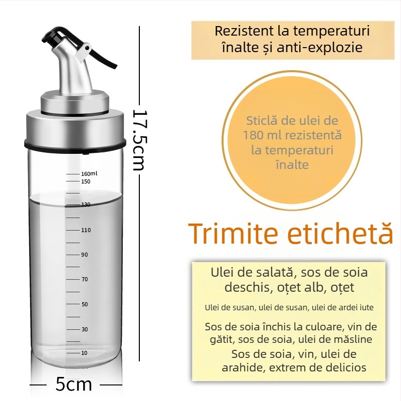 Sticlă de ulei rezistentă la căldură, cu etanșare și marcaje de măsurare pentru bucătărie.