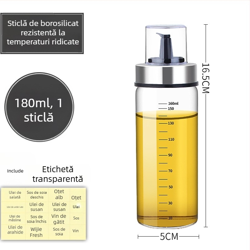 Sticlă de ulei rezistentă la căldură, cu etanșare și marcaje de măsurare pentru bucătărie.