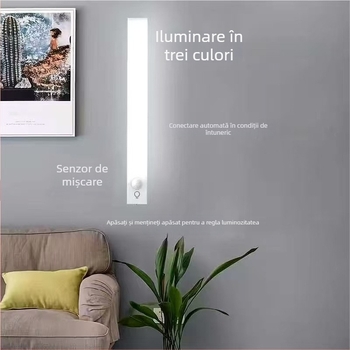 Lampă LED reîncărcabilă cu senzor de mișcare, bandă magnetică autoadezivă, iluminare de noapte pentru garderobă, dulap și hol