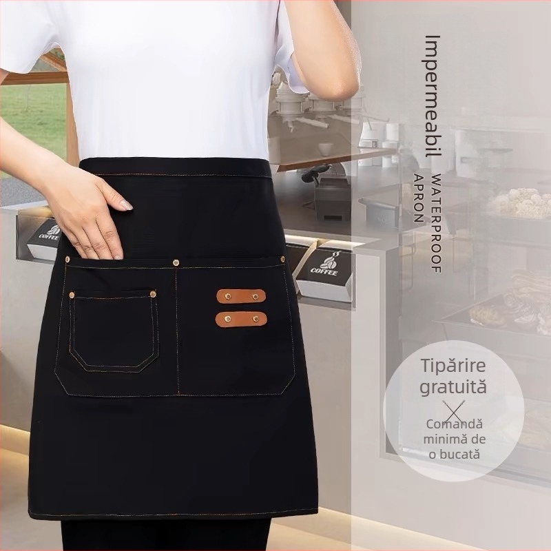 Șorț semi-lung pentru personalul restaurantelor și hotelurilor, unisex, fără mâneci, stil modern minimalist, cu imprimare a logo-ului