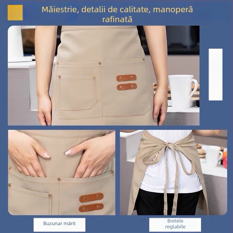 Șorț semi-lung pentru personalul restaurantelor și hotelurilor, unisex, fără mâneci, stil modern minimalist, cu imprimare a logo-ului