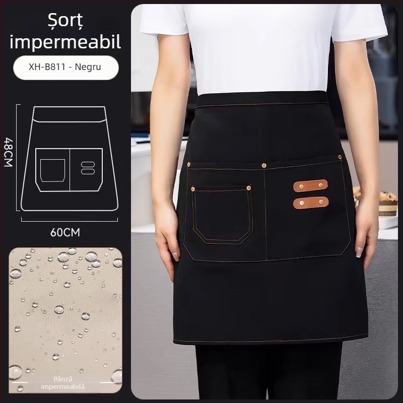 Șorț semi-lung pentru personalul restaurantelor și hotelurilor, unisex, fără mâneci, stil modern minimalist, cu imprimare a logo-ului