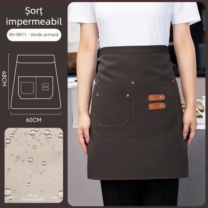 Șorț semi-lung pentru personalul restaurantelor și hotelurilor, unisex, fără mâneci, stil modern minimalist, cu imprimare a logo-ului