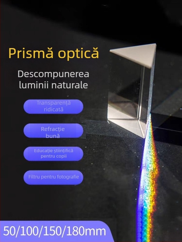 Prismă triunghiulară din sticlă transparentă pentru experimente de fizică cu refracția curcubeului — instrument optic didactic