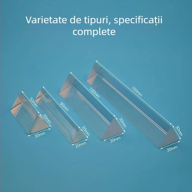 Prismă triunghiulară din sticlă transparentă pentru experimente de fizică cu refracția curcubeului — instrument optic didactic