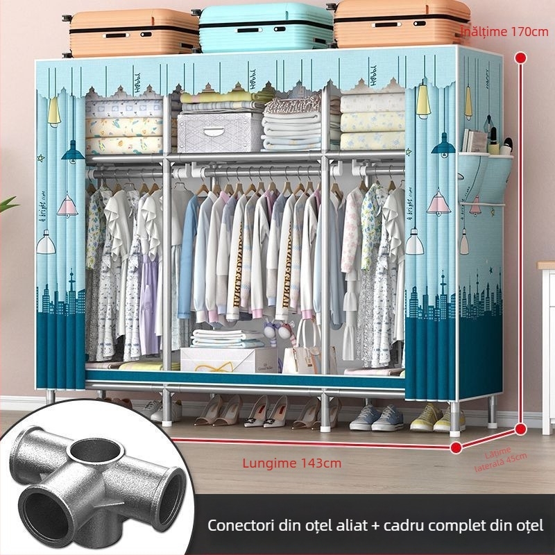 Dulap din oțel cu cadru solid pentru dormitor, montaj ușor, suport pentru haine