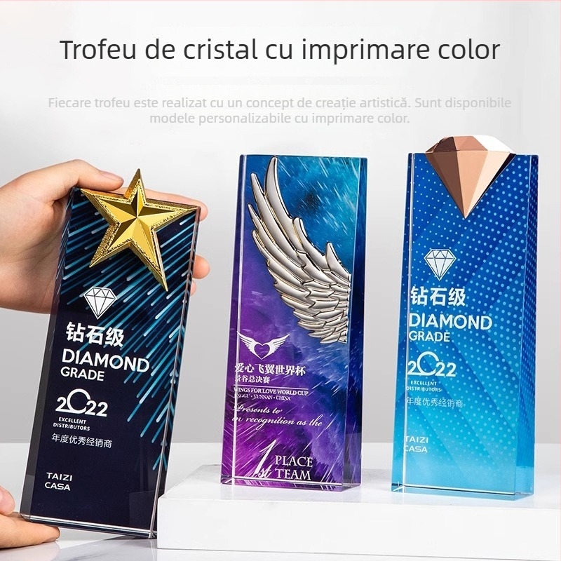 Trofeu de cristal cu medalie personalizată și plăcuță din sticlă cu stea cu cinci colțuri pentru angajați excepționali