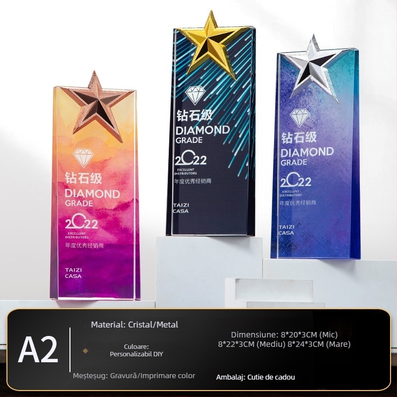 Trofeu de cristal cu medalie personalizată și plăcuță din sticlă cu stea cu cinci colțuri pentru angajați excepționali