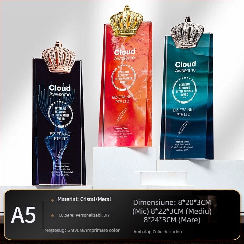 Trofeu de cristal cu medalie personalizată și plăcuță din sticlă cu stea cu cinci colțuri pentru angajați excepționali