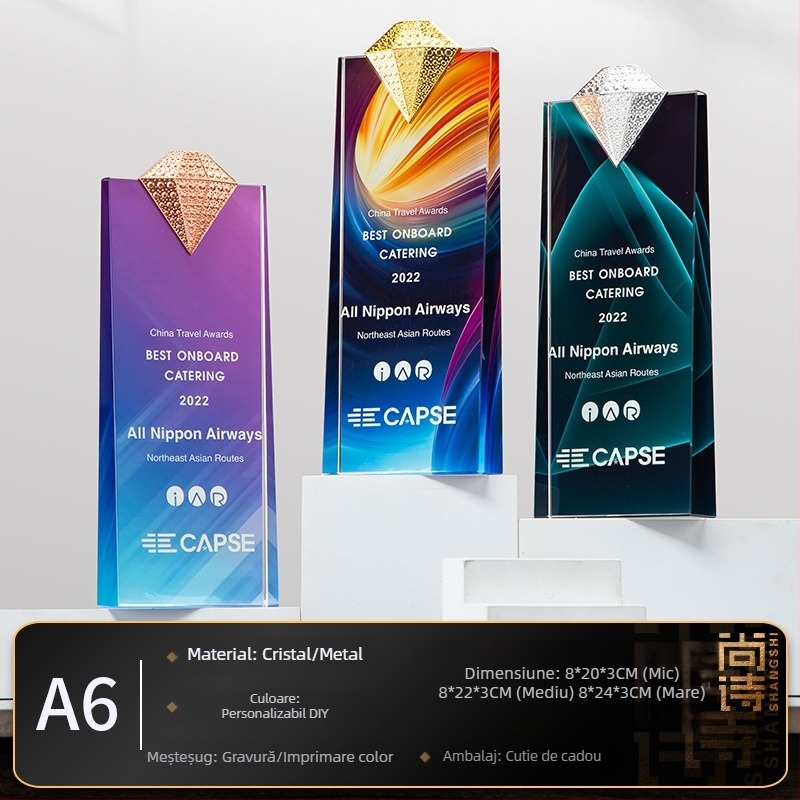 Trofeu de cristal cu medalie personalizată și plăcuță din sticlă cu stea cu cinci colțuri pentru angajați excepționali