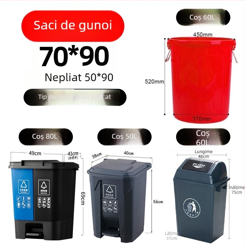 Pungi negre mari pentru gunoi, uz comercial, groase, din polietilenă, cu deschidere plată