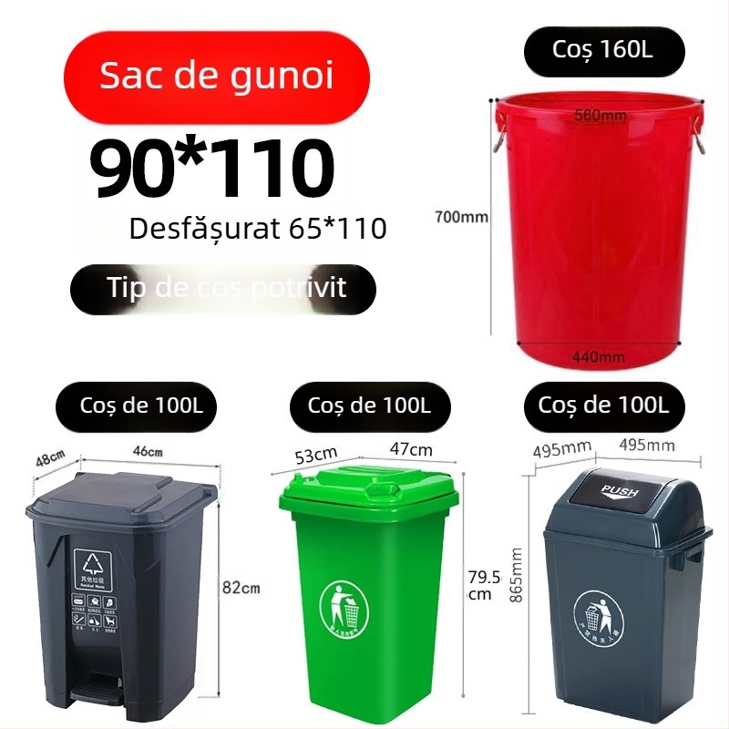 Pungi negre mari pentru gunoi, uz comercial, groase, din polietilenă, cu deschidere plată