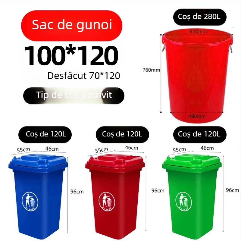 Pungi negre mari pentru gunoi, uz comercial, groase, din polietilenă, cu deschidere plată