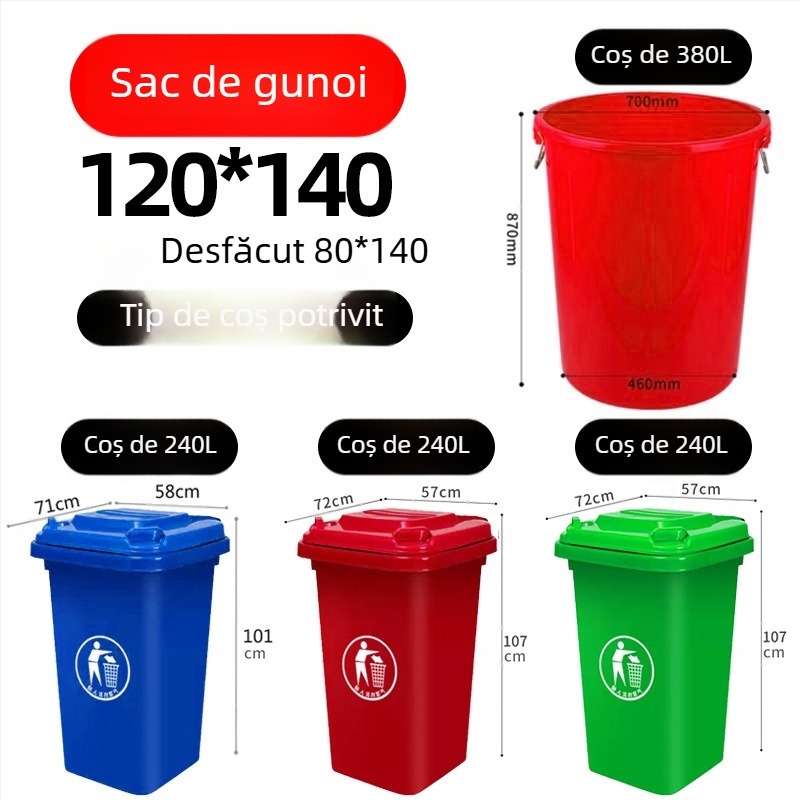 Pungi negre mari pentru gunoi, uz comercial, groase, din polietilenă, cu deschidere plată