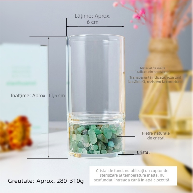 Pahar din sticlă borosilicată cu pulbere naturală de cristal și fragmente roz-alb de ametist, pahar energetic pentru demagnetizare