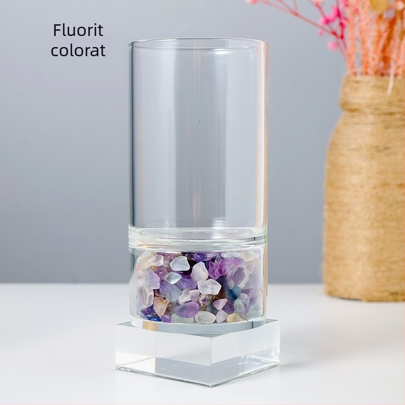 Pahar din sticlă borosilicată cu pulbere naturală de cristal și fragmente roz-alb de ametist, pahar energetic pentru demagnetizare